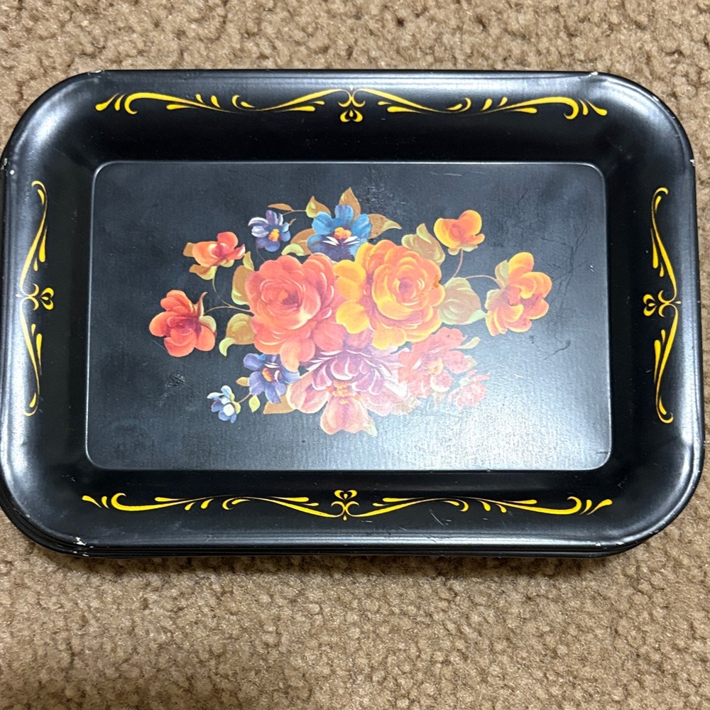 Floral Black Decorative Tray
